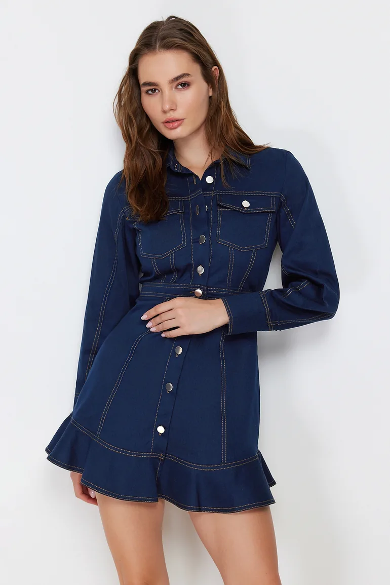 فستان دينيم بقصة ميرميد بأكمام طويلة - أزرق - 1