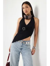 Black Plain Halter Neck Sleeveless Knitted Party Blouse - 5