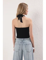 Black Plain Halter Neck Sleeveless Knitted Party Blouse - 8