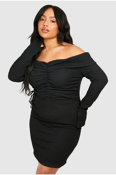 Plus Textured Off Shoulder Ruched Bodycon Dress