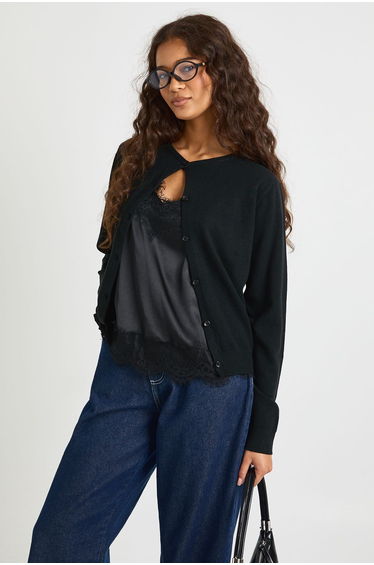 Super Soft Lightweight Knitted Crew Neck Cardigan - black