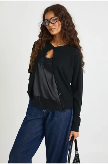 Super Soft Lightweight Knitted Crew Neck Cardigan - black