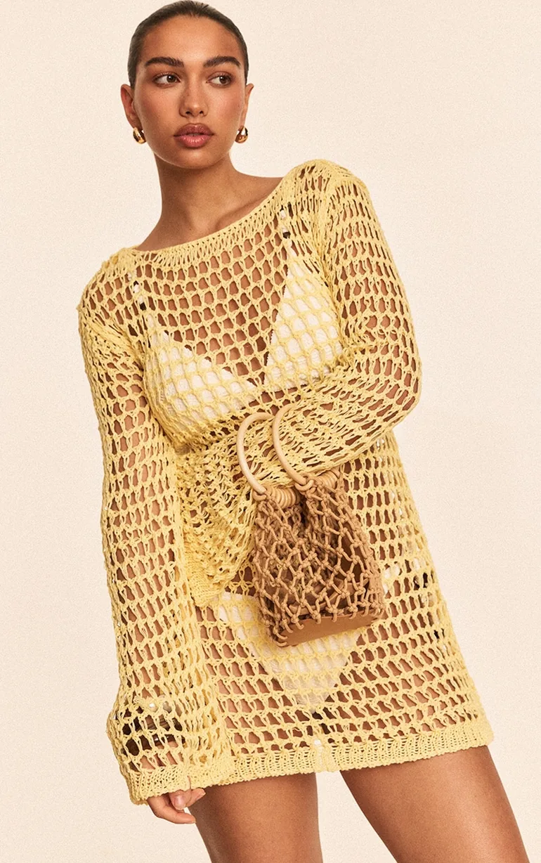 Butter Yellow Crochet Long Sleeve Beach Mini Dress Prettylittlething :  Coverups : VogaCloset Bahrain