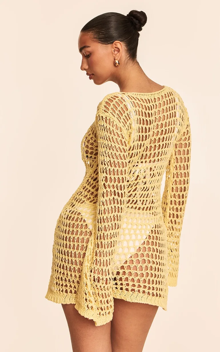Butter Yellow Crochet Long Sleeve Beach Mini Dress Prettylittlething : Coverups : VogaCloset Bahrain Butter Yellow Crochet Long Sleeve Beach Mini Dress Prettylittlething : Coverups : VogaCloset Bahrain
