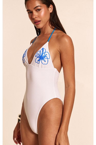 White Contrast Embroidered Plunge Swimsuit