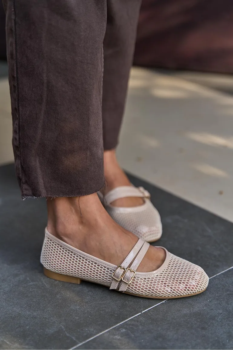 Beige Women's Double Belt Detailed Mesh Ballerinas - 3