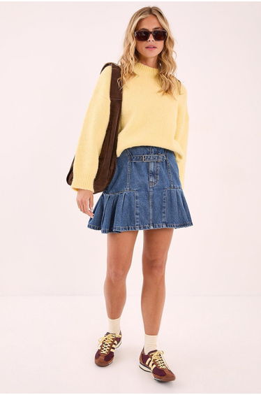 Buckle Pleated Denim Mini Skirt