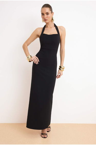 Black Body-fitting Woven Turndown Collar Long Evening Evening Dress