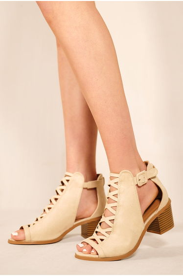 REYDAH MID HIGH BLOCK HEEL SANDALS WITH PEEP TOE & CRISS CROSS DETAIL IN IVORY CREAM