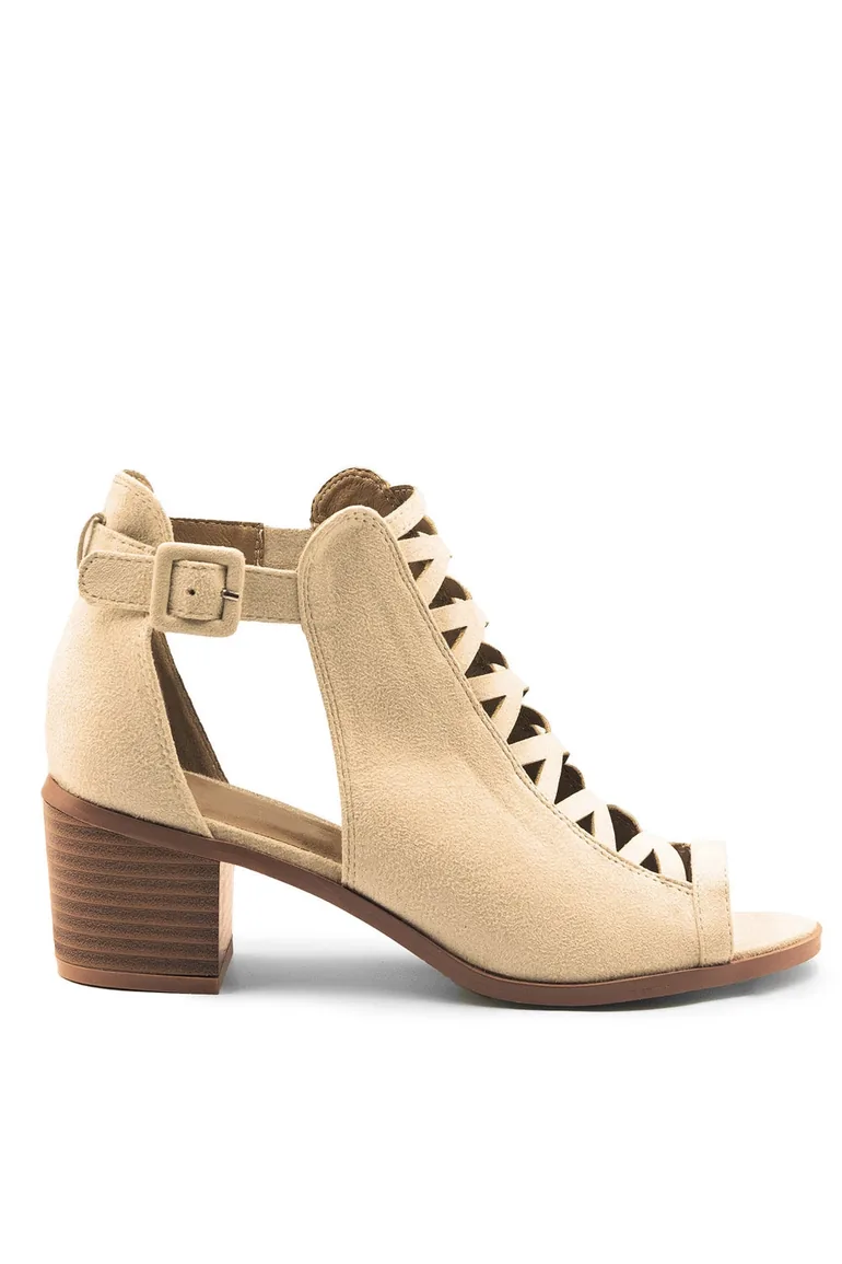 REYDAH MID HIGH BLOCK HEEL SANDALS WITH PEEP TOE & CRISS CROSS DETAIL IN IVORY CREAM - 2