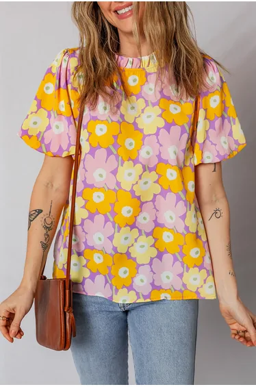 Lvness Purple Frilled Neck Puff Short Sleeve Flower Top