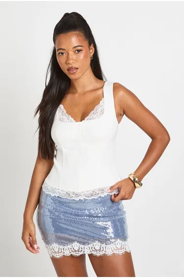 Lace Trim Sequin Mini Skirt - blue