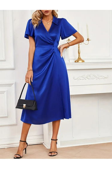 Slid V-Neck Short Sleeve Wrap Midi Dress