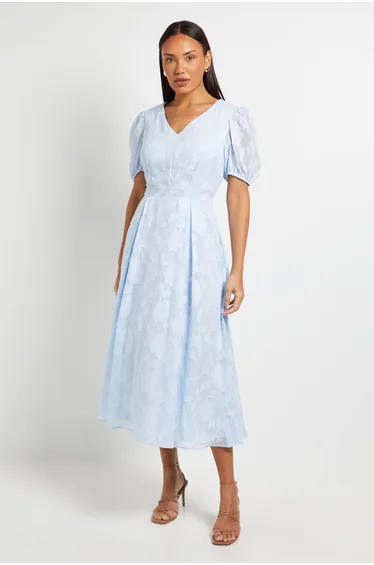 Floral Jacquard Puff Sleeve Midi Dress