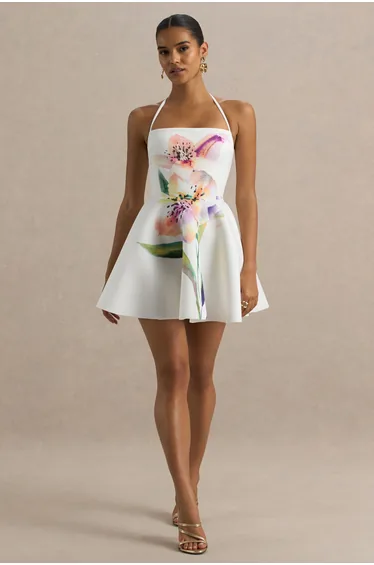 Taylor | White Lily Print Square-Neck Mini Dress