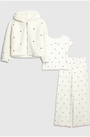 Girls White Heart Hoodie Pyjamas 3 Piece Set