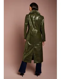 Olive Fur Collar Sequin Longline Coat - 2