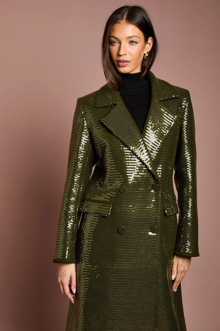 Olive Fur Collar Sequin Longline Coat - 1