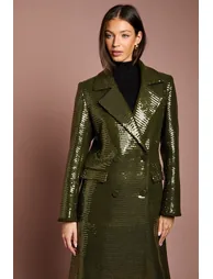 Olive Fur Collar Sequin Longline Coat - 1