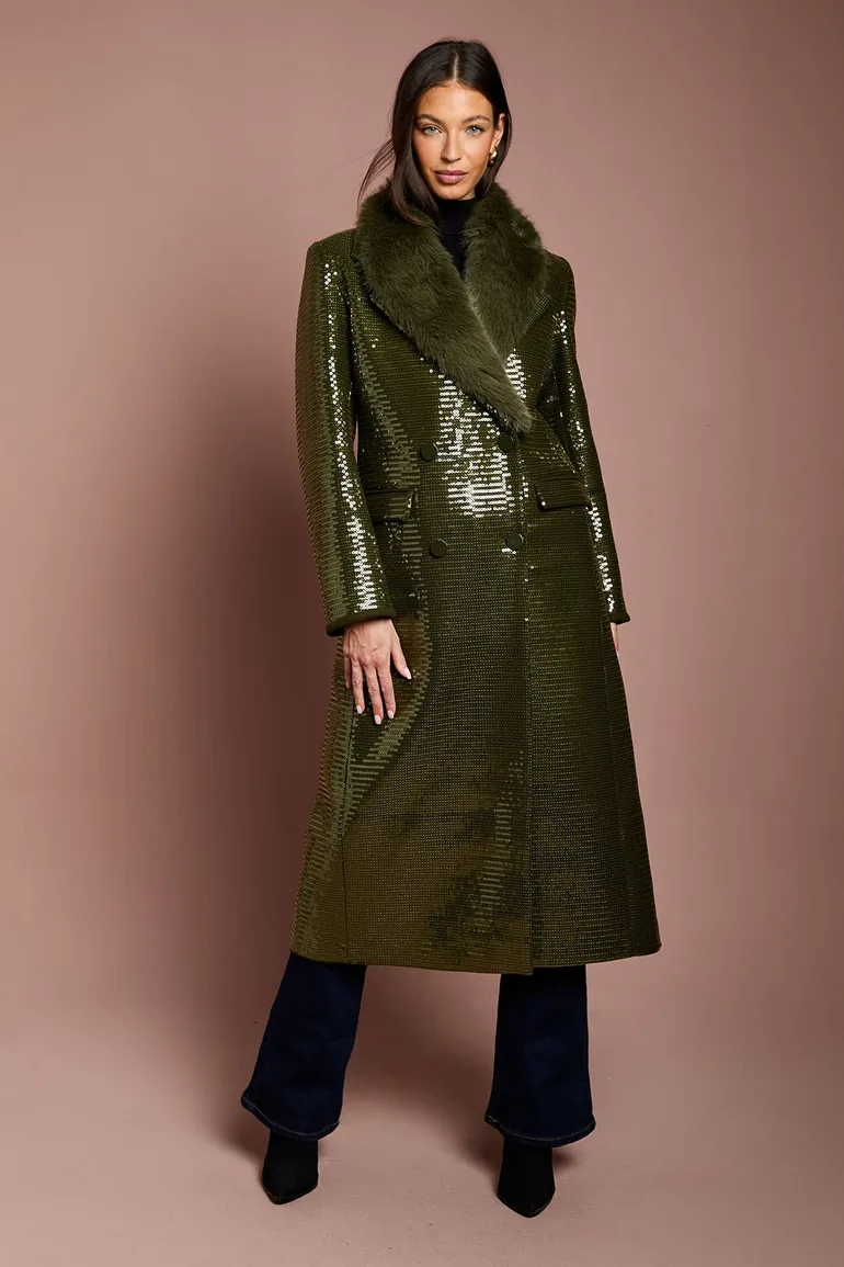 Olive Fur Collar Sequin Longline Coat