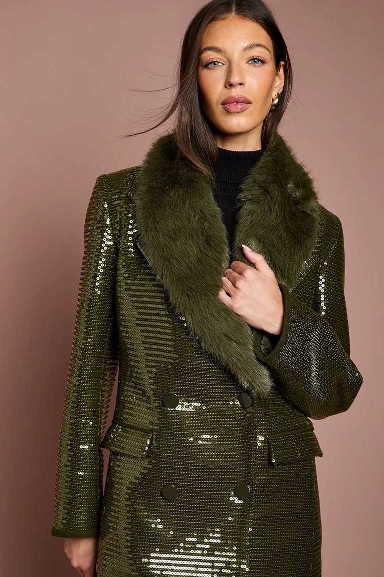 Olive Fur Collar Sequin Longline Coat - 3