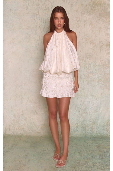 Cream Textured Sequin Gathered Mini Skirt Co-ord