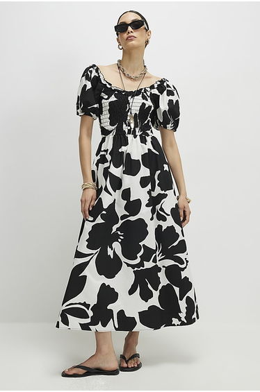White Monochrome Floral Shirred Midi Dress