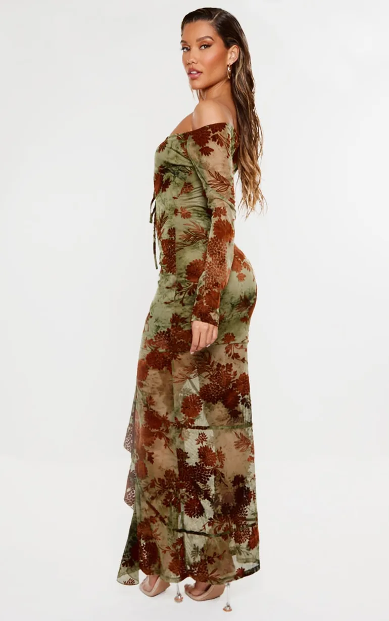 Shop Green Floral Print Devore Off The Shoulder Long Sleeve Maxi Dress Online in Qatar Shop Green Floral Print Devore Off The Shoulder Long Sleeve Maxi Dress Online in Qatar