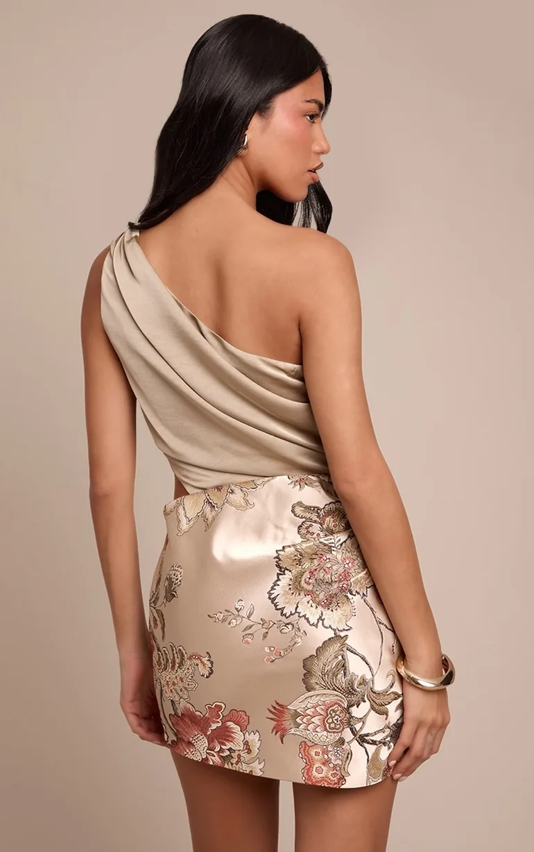Multi Floral Jacquard Embroidered Skirt Satin Bodycon Dress - 2