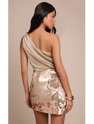 Multi Floral Jacquard Embroidered Skirt Satin Bodycon Dress - 2