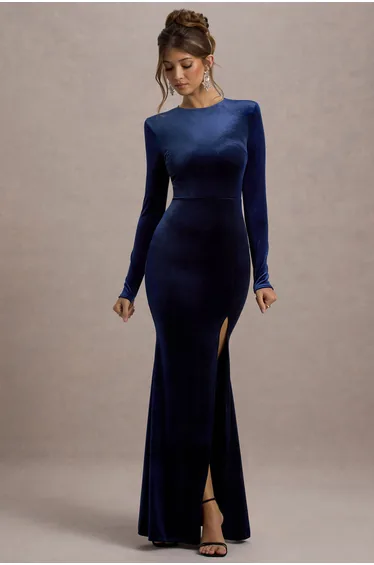 فستان ماكسي مخمل بفتحة لون كحلي