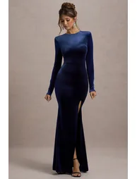 Rayla | Navy Velvet Maxi Dress With Split