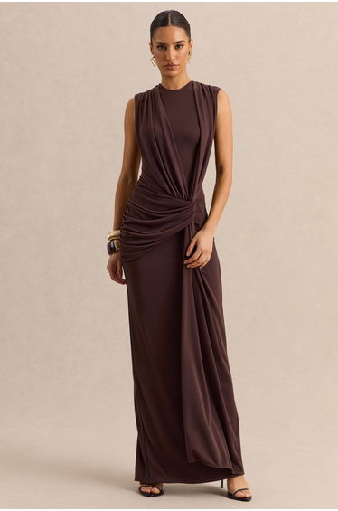 Blythia | Brown Round-Neck Maxi Dress With Gathered-Detailing