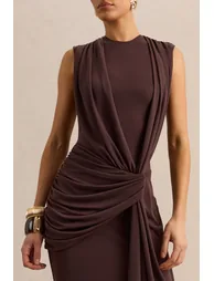 Blythia | Brown Round-Neck Maxi Dress With Gathered-Detailing - 6