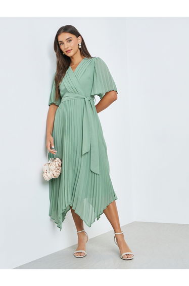 Green Pleated Midi Dress with Tie-Belt
