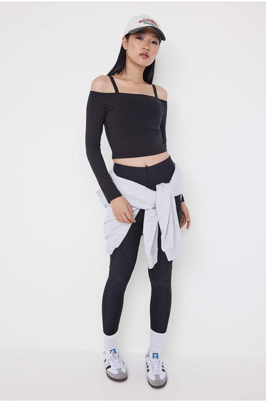 Black Soft Brushed Fabric Strap Detailed Sports Top