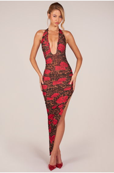 Halterneck Split Hem Midaxi Dress in Rose Leopard Print