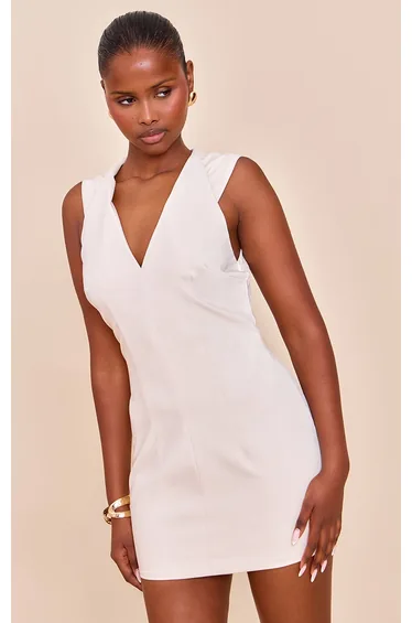 Almond Woven Collarless Mini Dress