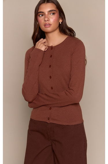 Toffee Button Through Fine Knit Cardigan