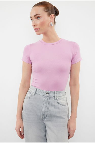 Pink Viscose/Soft Fabric Fitted Stretchy Knitted Top
