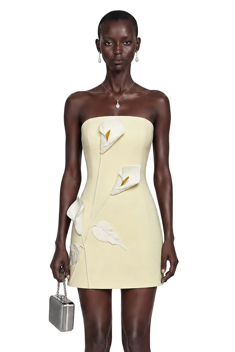 Aurora Yellow Off Shoulder Mini Dress with 3D Florals - 2