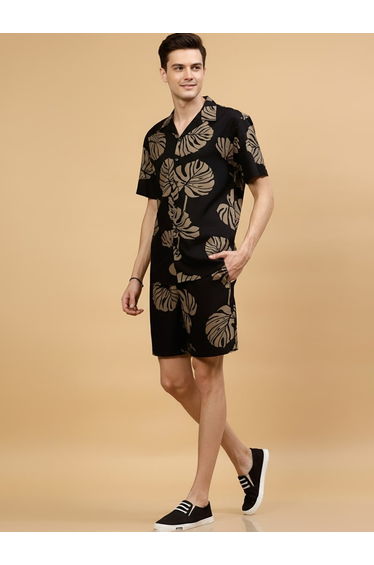 Men Black Leaf Print Shirt and Shorts Co-ords