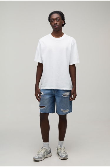 Relaxed Fit Ripped Washed Denim Shorts - washed blue