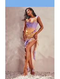 Lilac Ombre Print Asymmetric Frill Split Maxi Dress