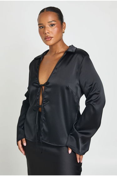Plus Satin Tie Front Long Sleeve Top - black