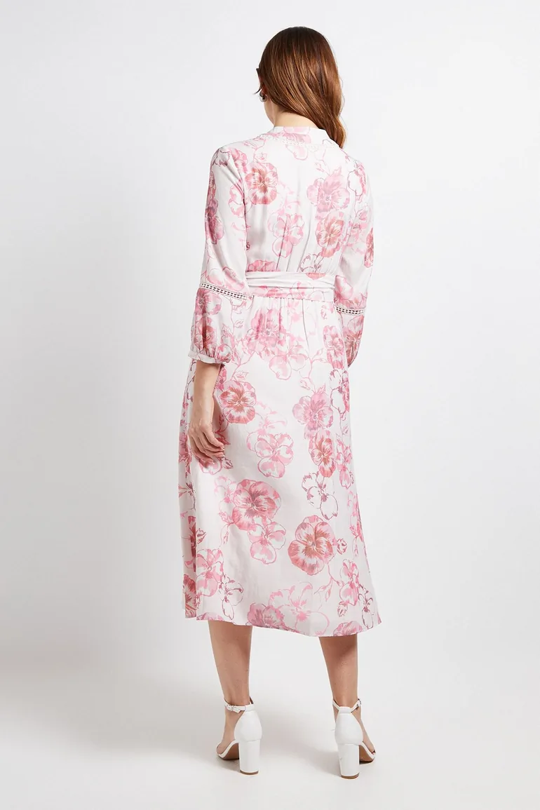 Floral Lace Insert Collarless Shirt Dress - 2