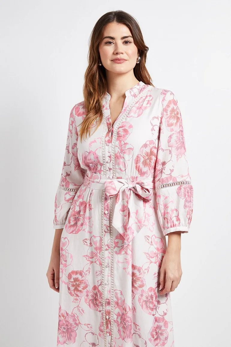 Floral Lace Insert Collarless Shirt Dress - 1