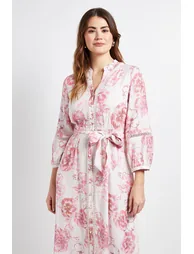 Floral Lace Insert Collarless Shirt Dress - 1