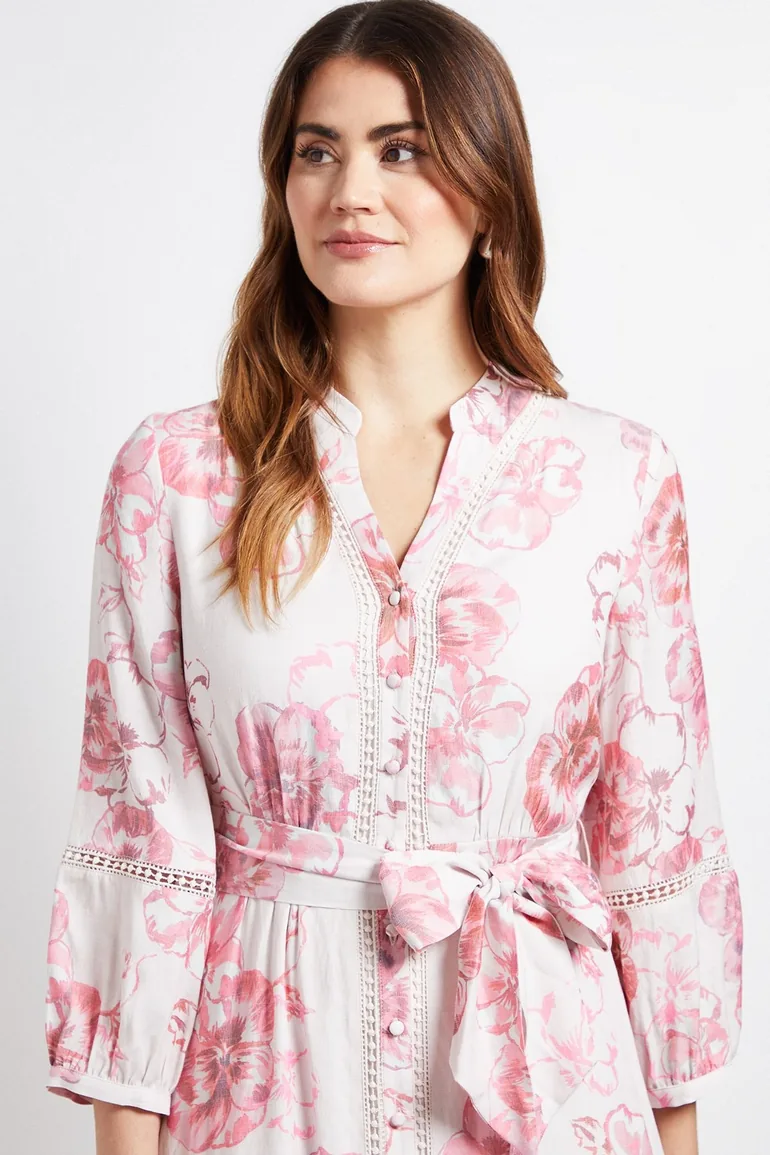 Floral Lace Insert Collarless Shirt Dress - 3