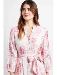 Floral Lace Insert Collarless Shirt Dress - 3